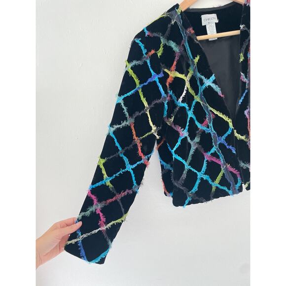 CHICOS Colorful Textured Velvet Cropped Statement Art Jacket Sz Art Velour - Picture 8 of 9